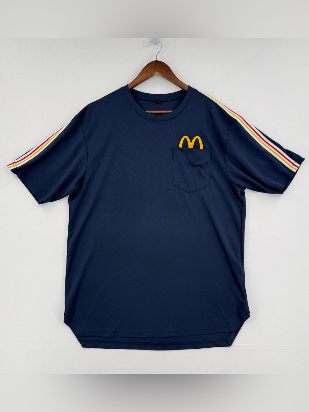 McDonald’s Men’s Large Employee Uniform Shirt Navy Golden Arches Pocket Stripe